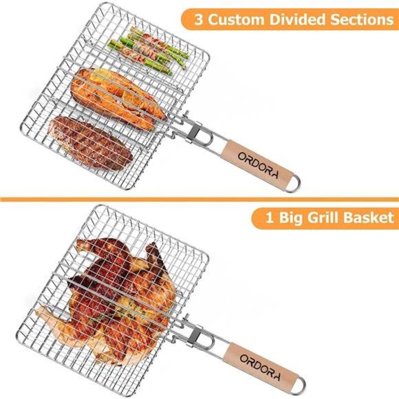 Rustproof Stainless Steel BBQ Grill Basket - Portable - Heavy Duty (Wooden) - Picture 2 of 5